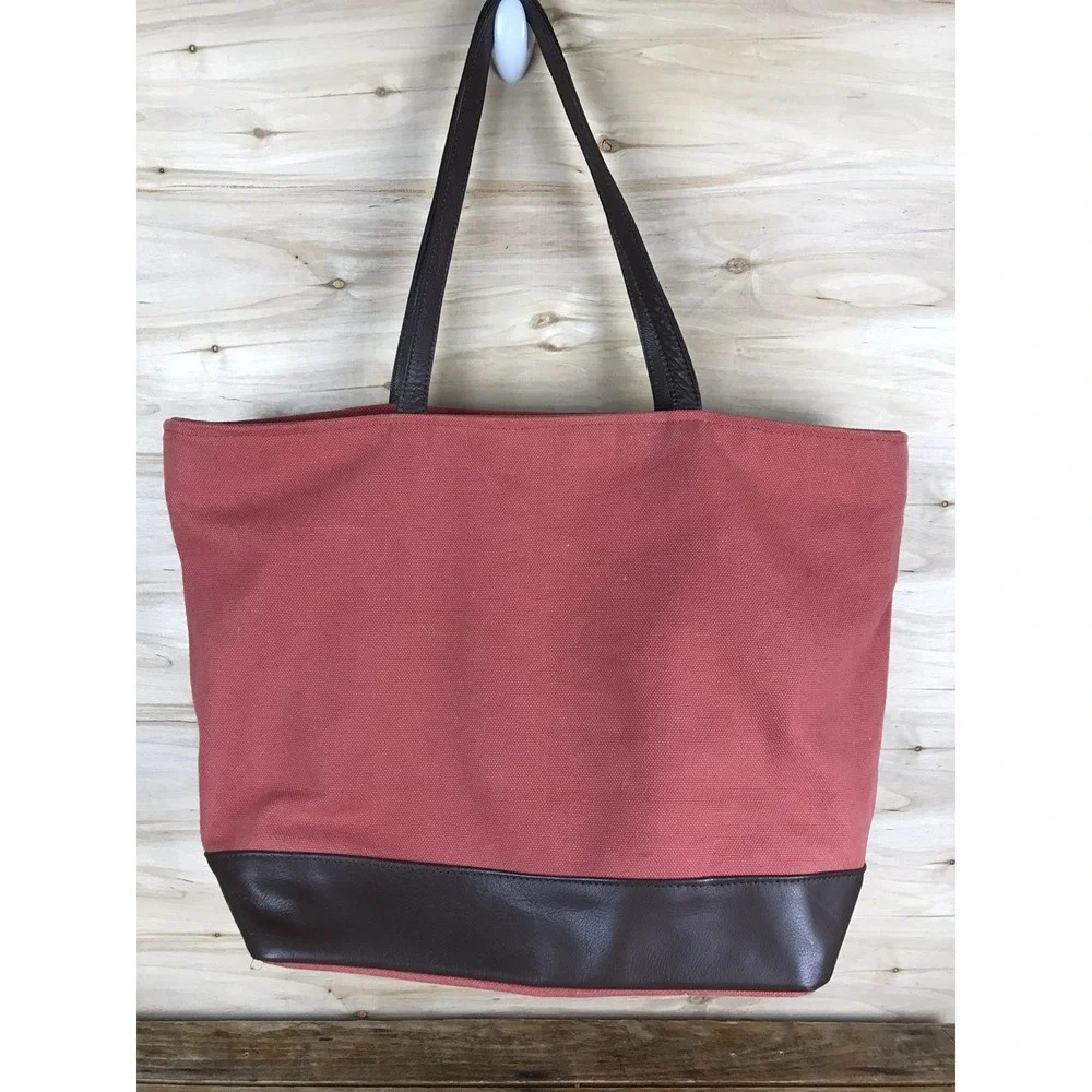 Restoration Hardware Large Canvas Tote Heavy Bag Leather Handles Zip Coral